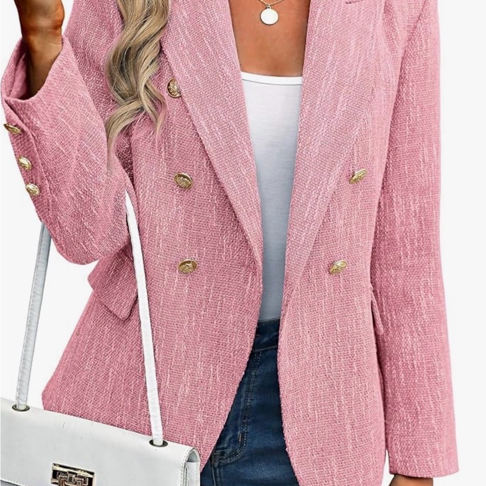 Women's Pink Double-Breasted Tweed Blazer Jacket - Unbranded